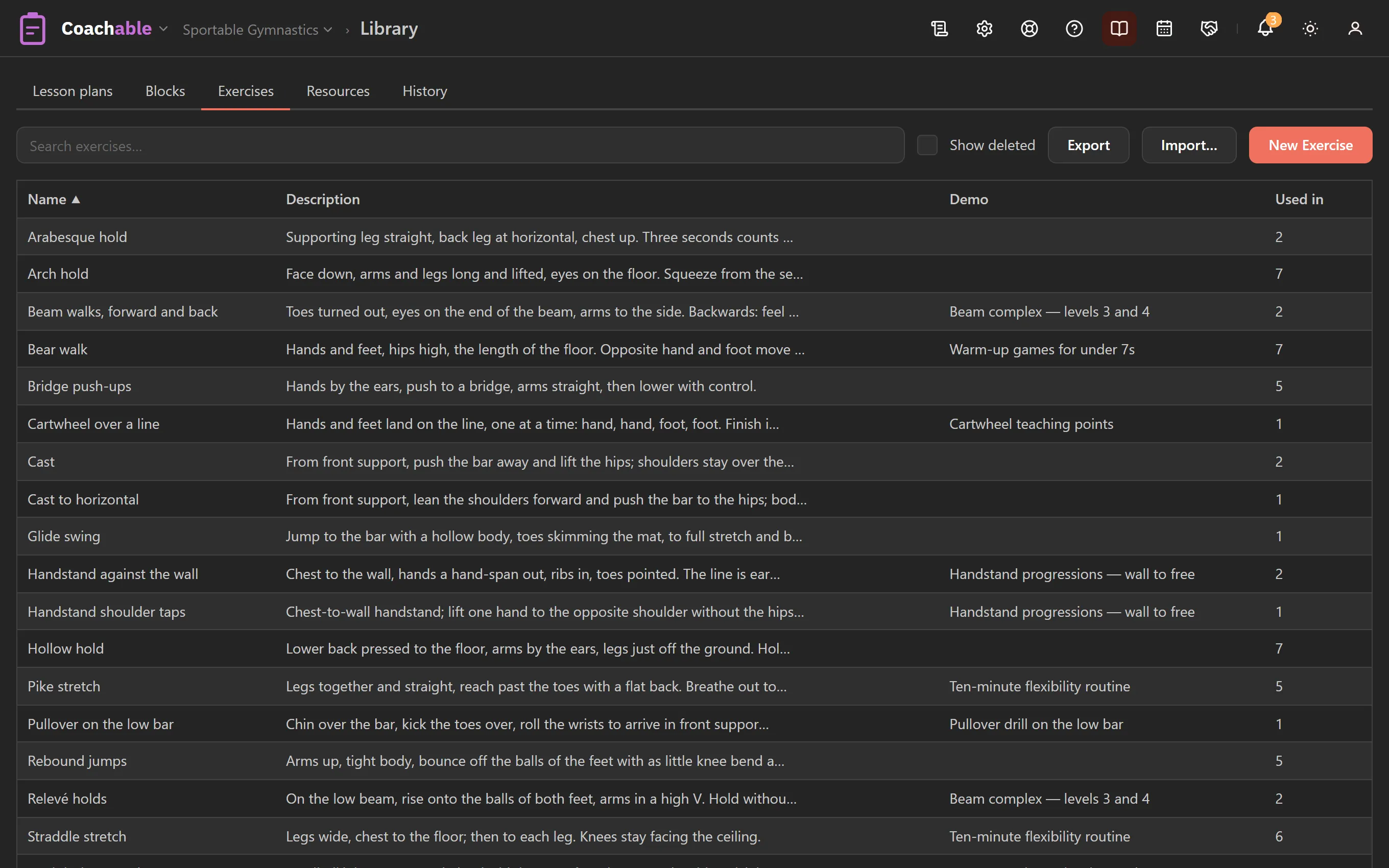 The exercise catalogue: each exercise's description, its demo resource and how many plans use it