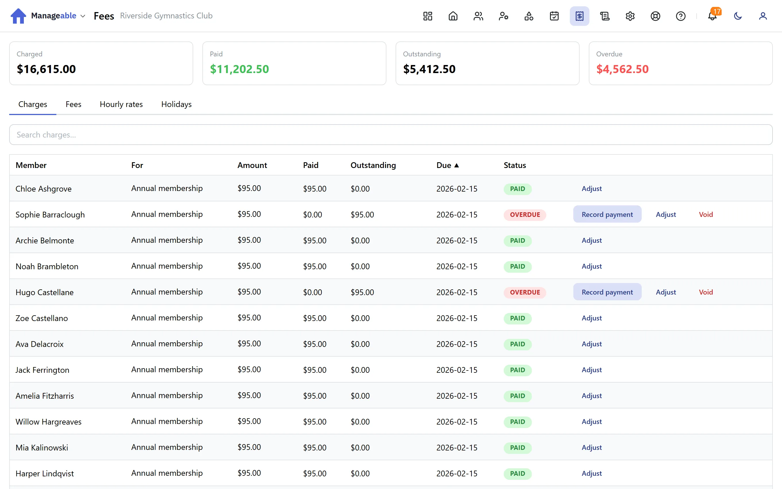 Fees showing charges, payments and what is still outstanding