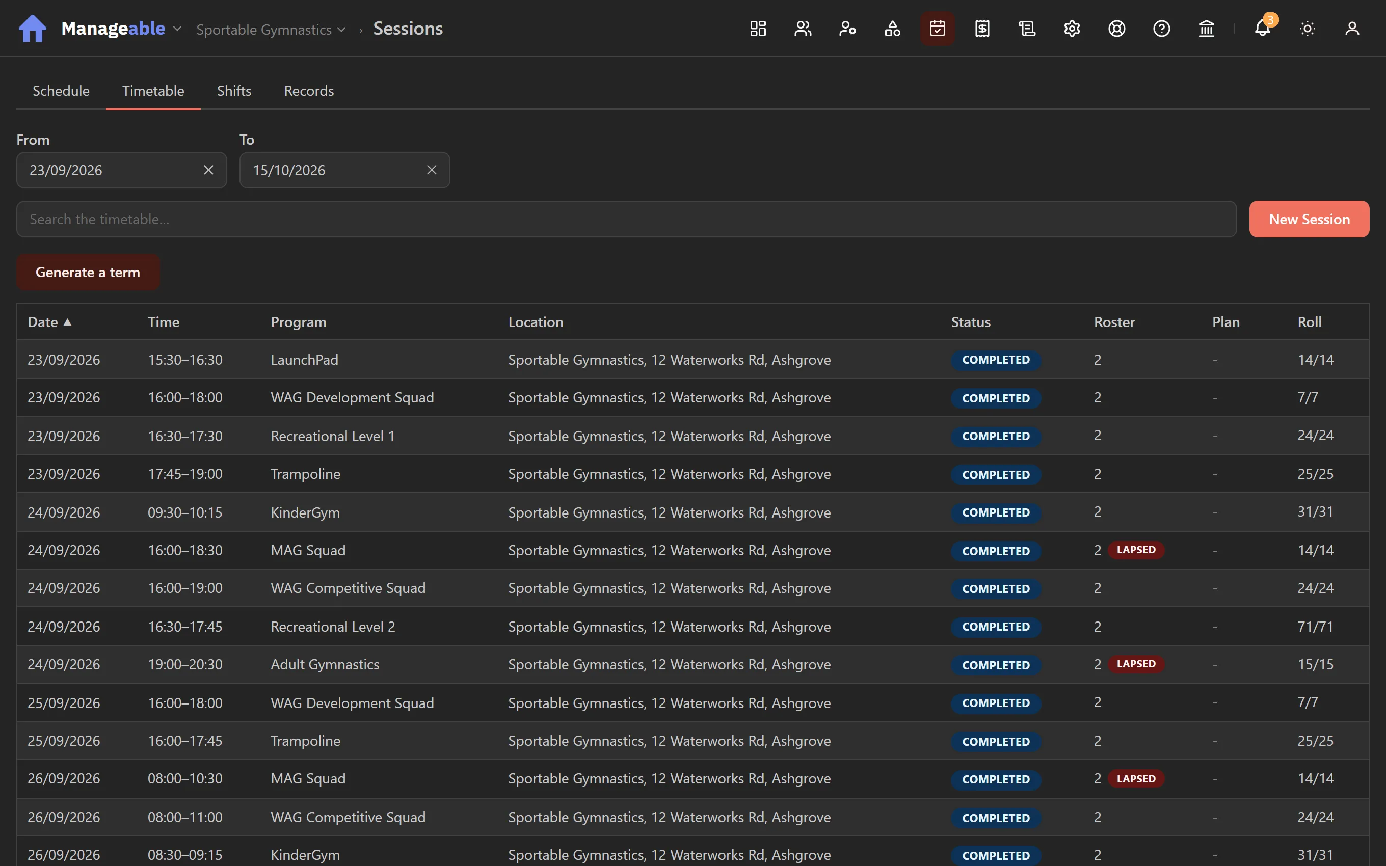Manageable showing the timetable: each session's coaches, status and roll