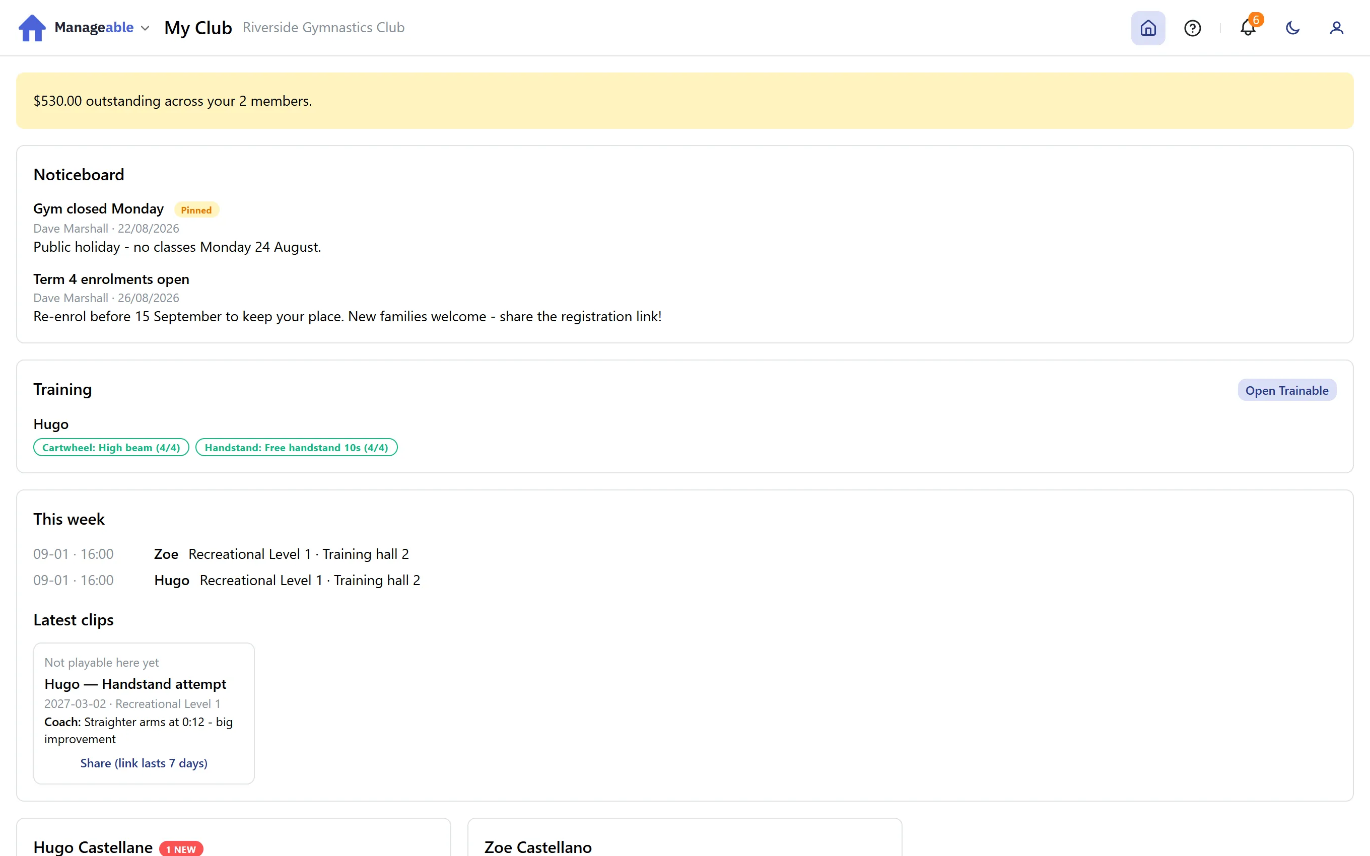 A parent's portal view showing their own children's enrolments and fees