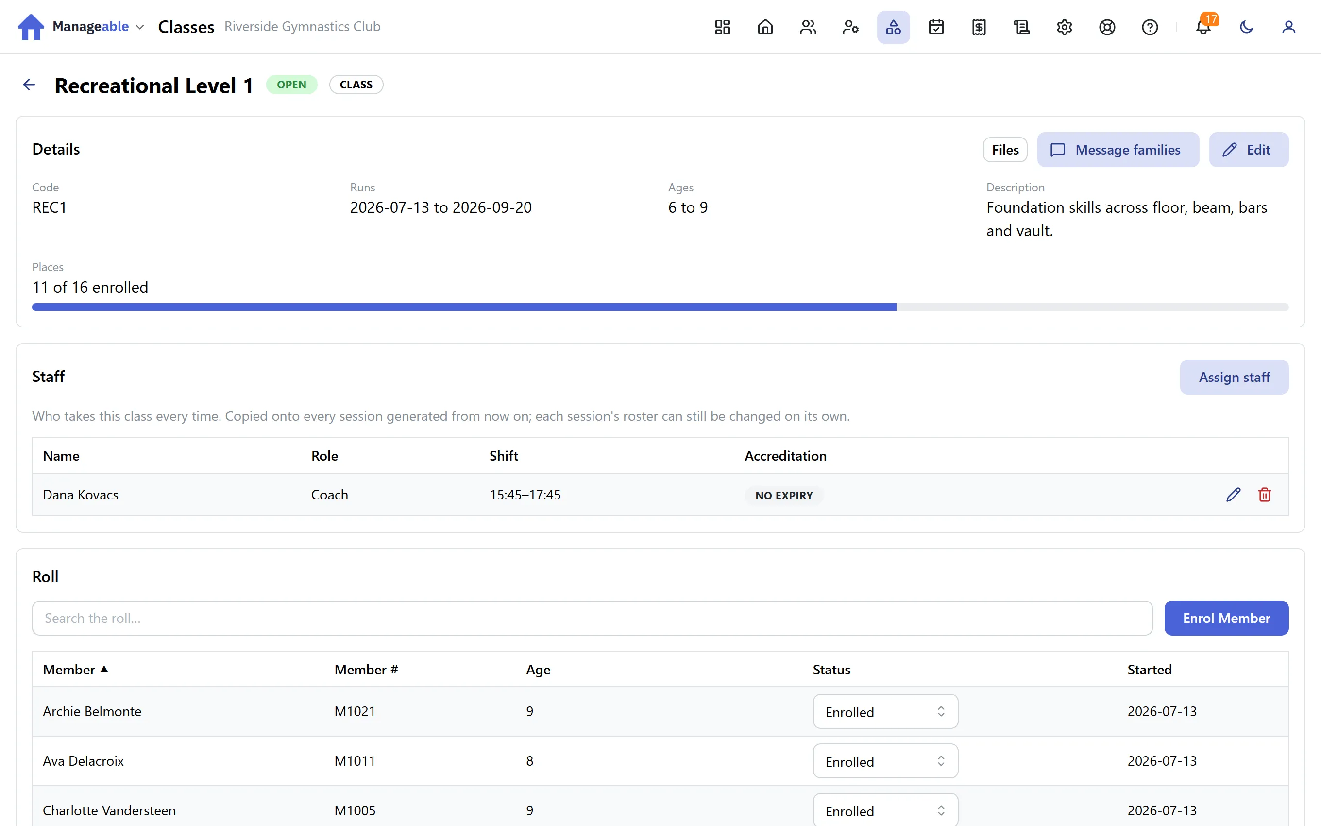 A program with its roll, capacity and waitlist
