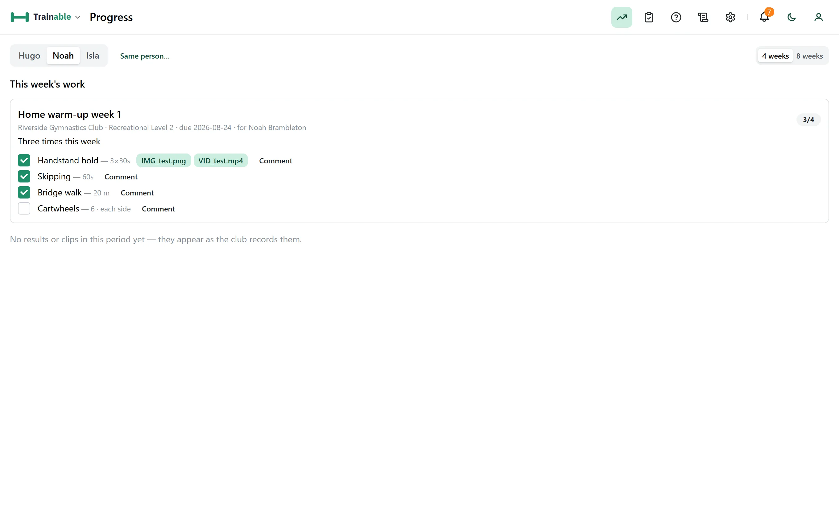 An athlete's progress page: this week's work ticked off and skills reached