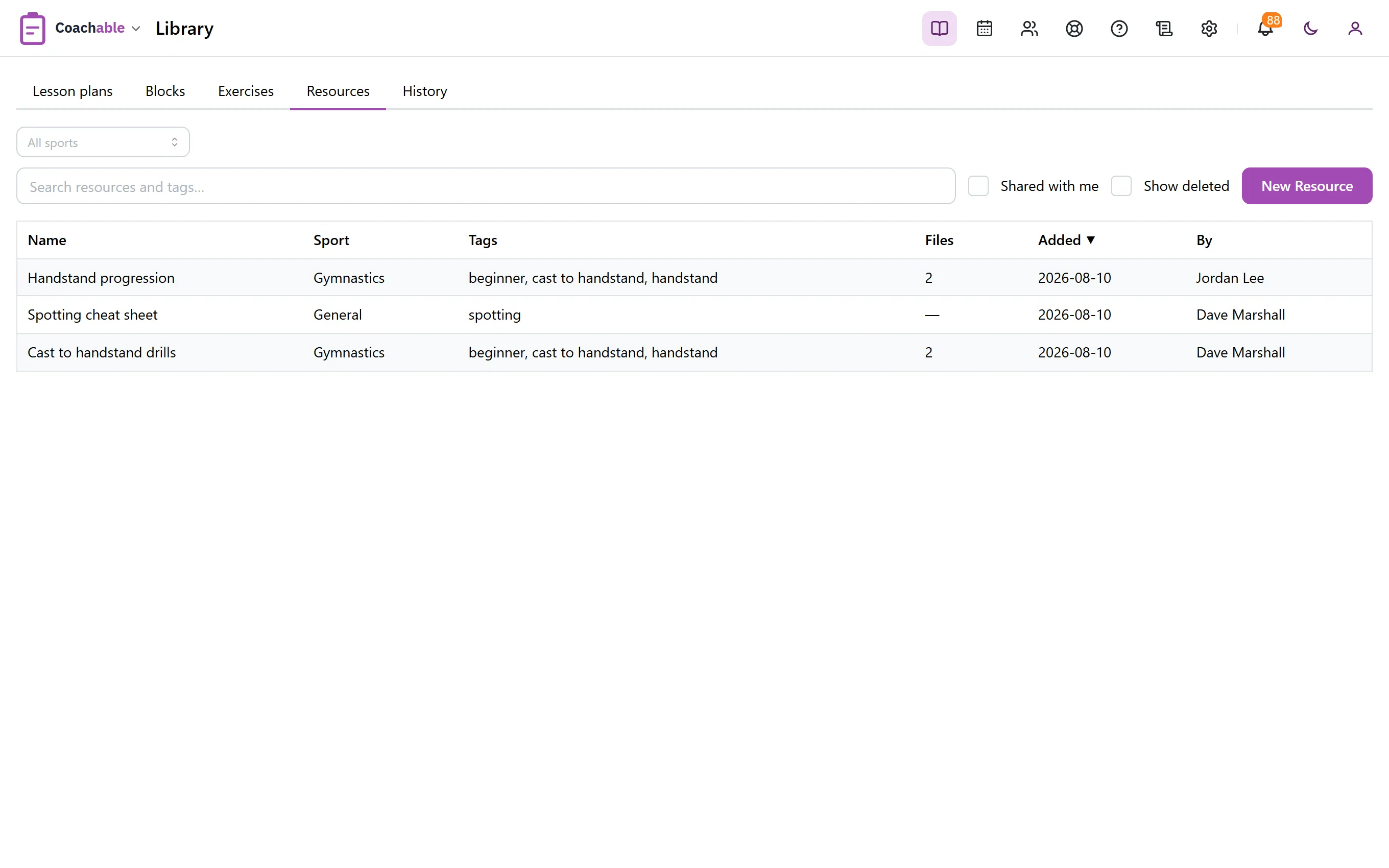 The resource library, with sports, tags and who added each item