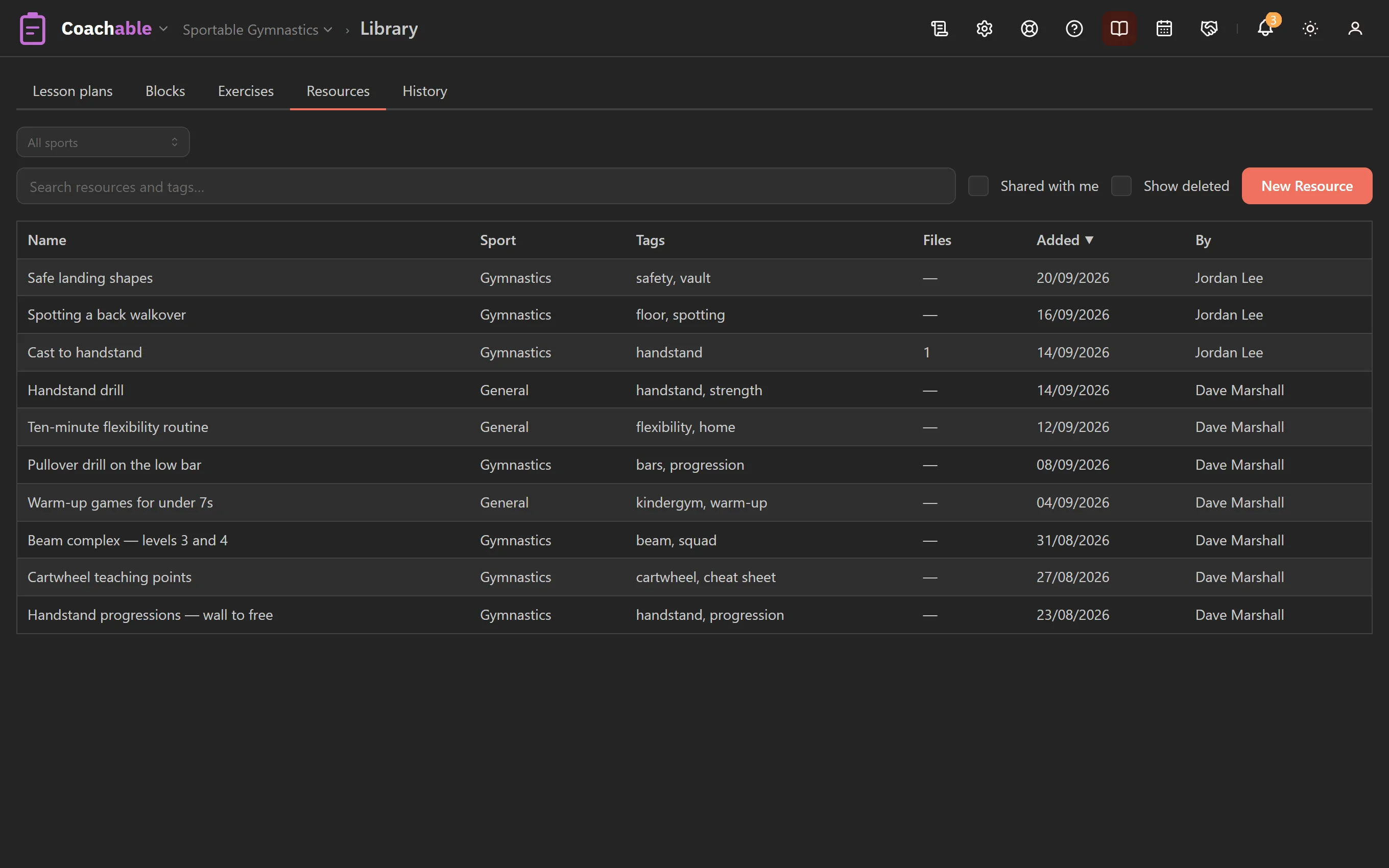 The resource library: each item's sport, tags, when it was added and by whom